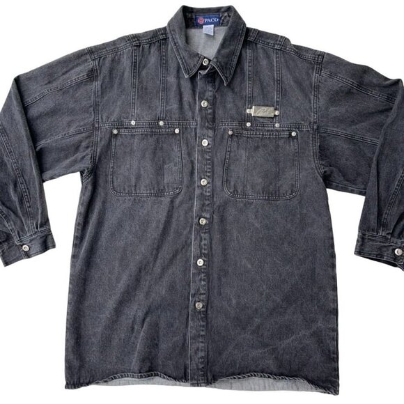 1990s Paco Rabanne LARGE Distressed Gray Denim Baggy Big Pocket Shirt Jacket - Picture 2 of 8